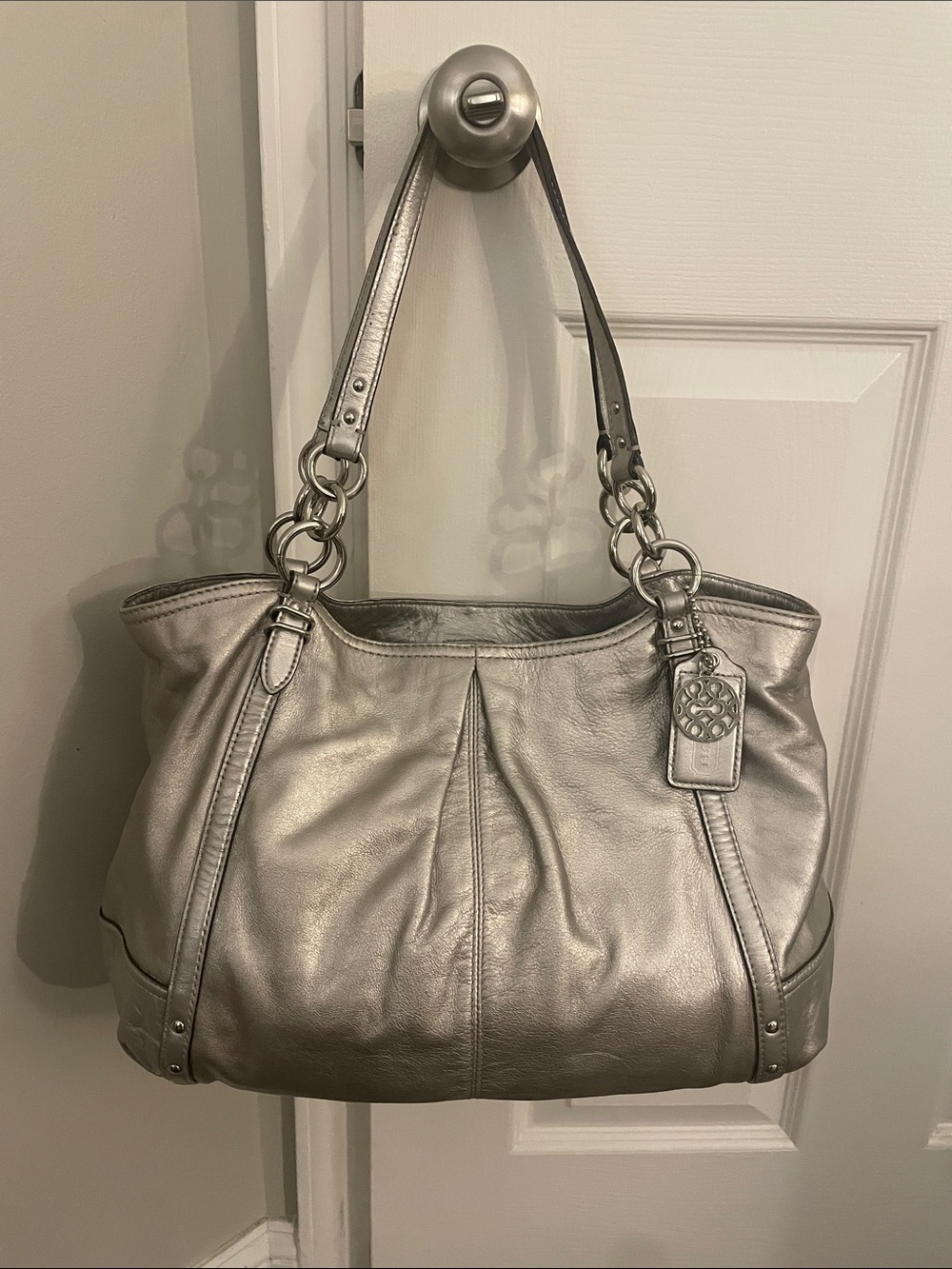 Coach Metallic Silver Leather Large Shoulder Bag